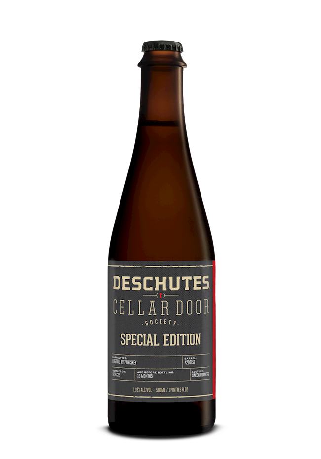 Bottle of Deschutes Cellar Door Society Exclusive - Black Mirror Grand Cru beer with a dark label.
