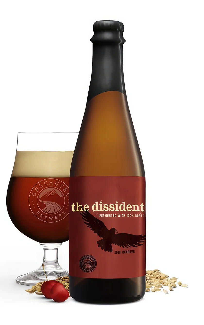 A photograph of the Dissident 100% Brett beer bottle.