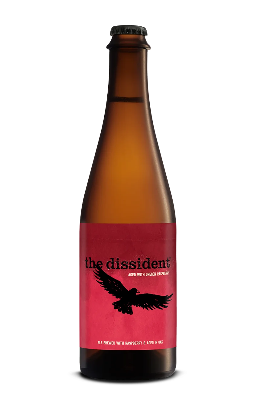 A photograph of the Dissident Raspberry beer bottle.