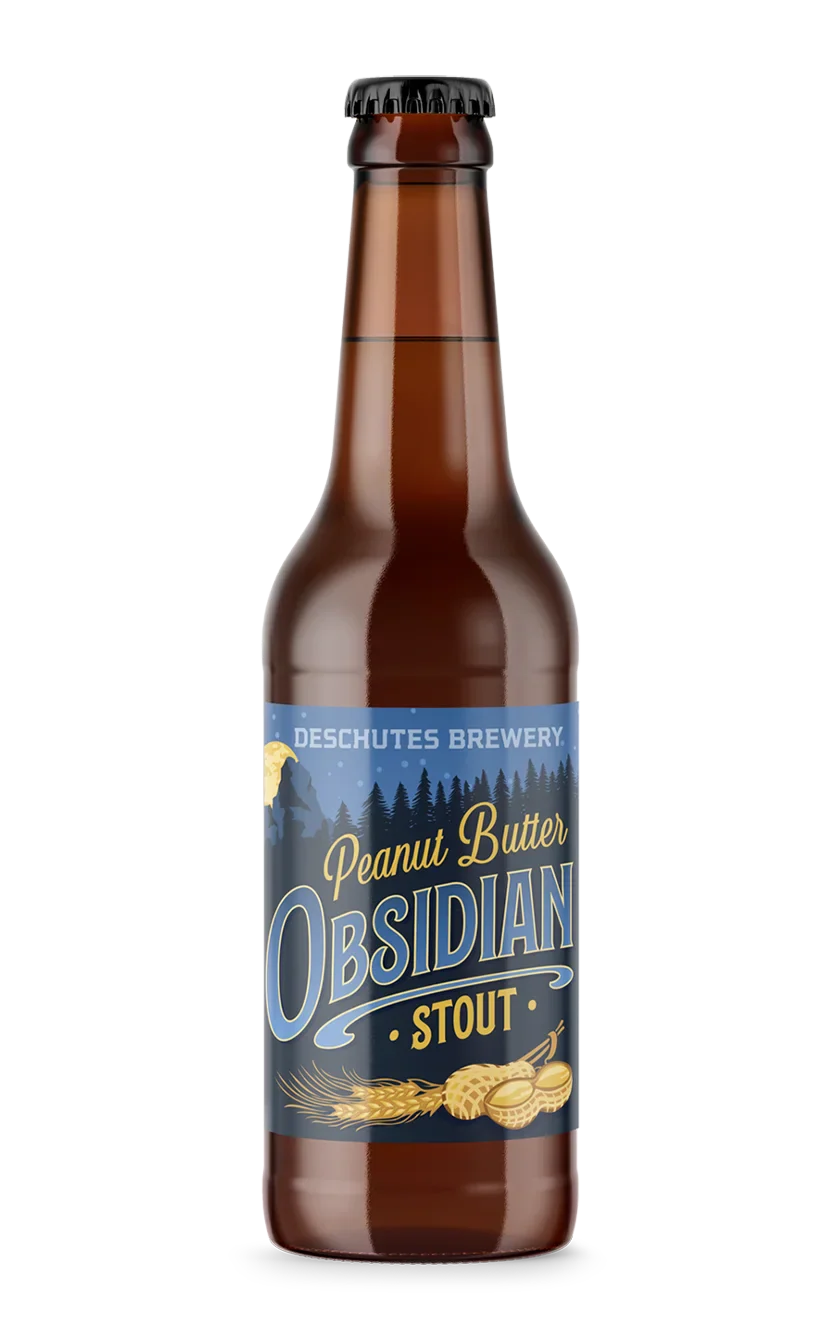 A photograph of the Peanut Butter Obsidian Stout beer bottle.