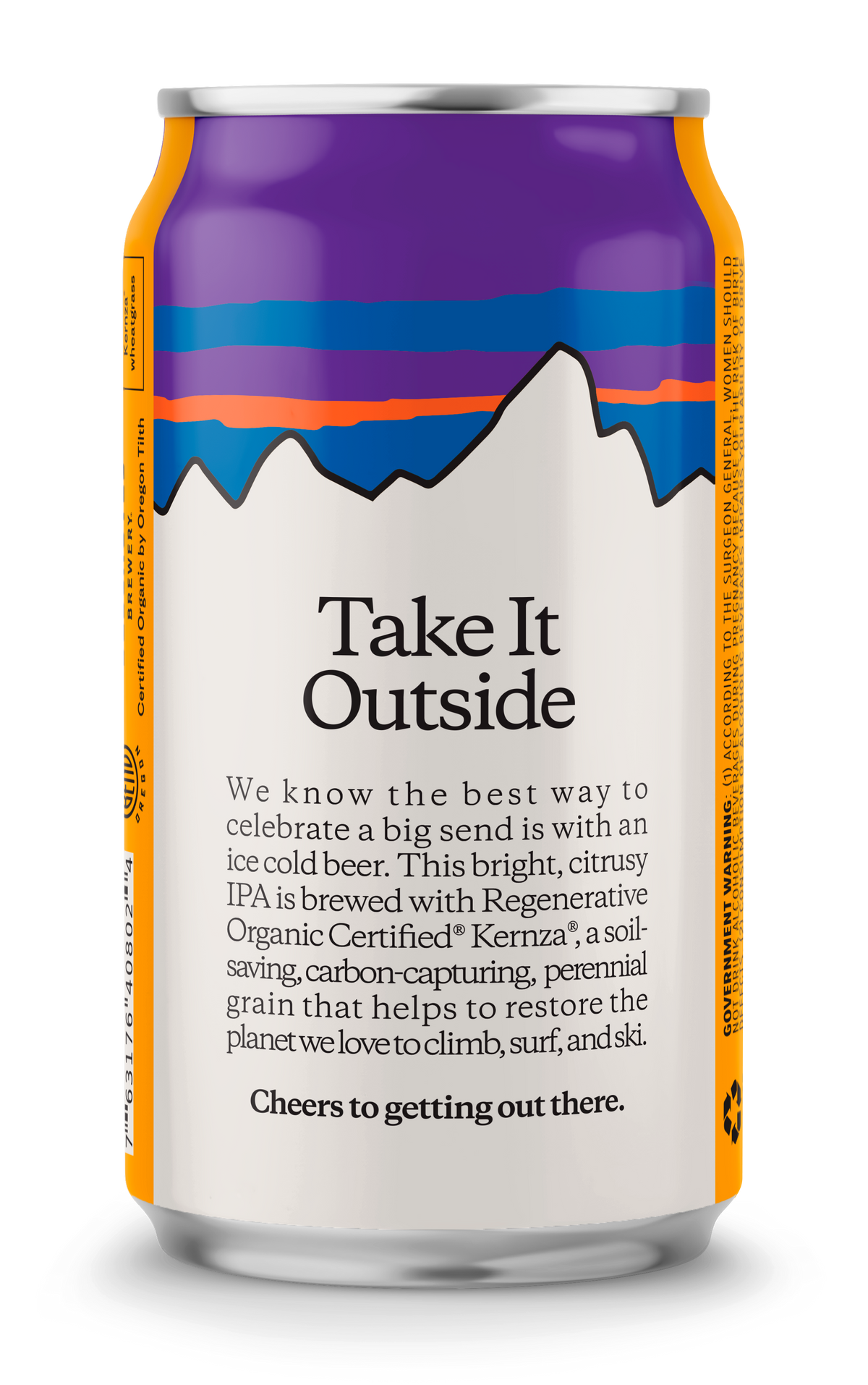 A 16 oz aluminum craft beer can with a white label, featuring a purple mountain graphic and orange side bands. The label reads 'Take It Outside' with descriptive text below.