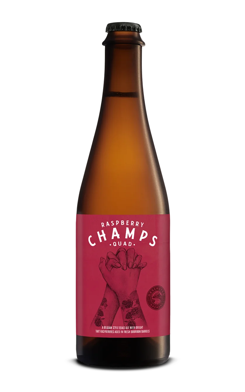 A photograph of the Raspberry Champs Quad beer bottle.