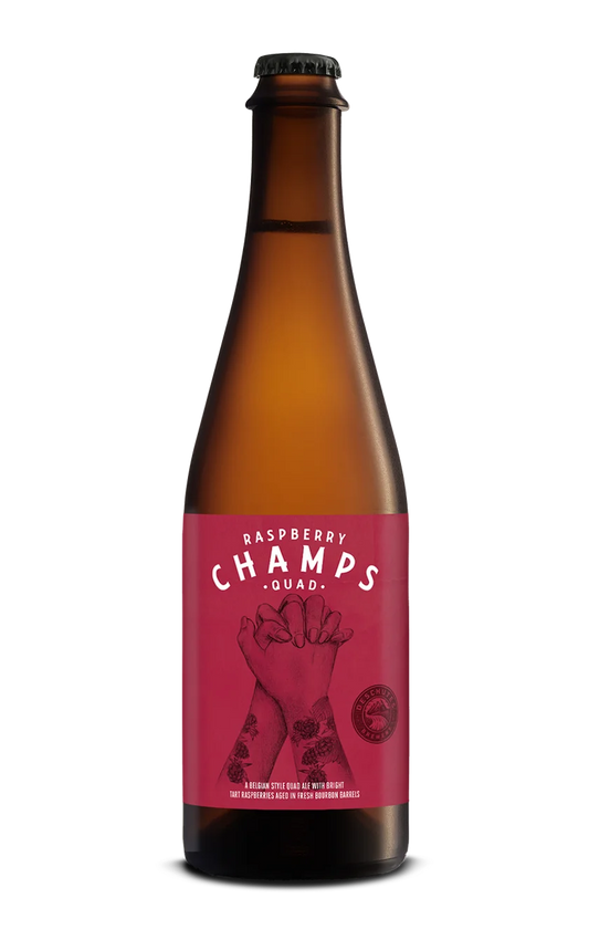 A photograph of the Raspberry Champs Quad beer bottle.