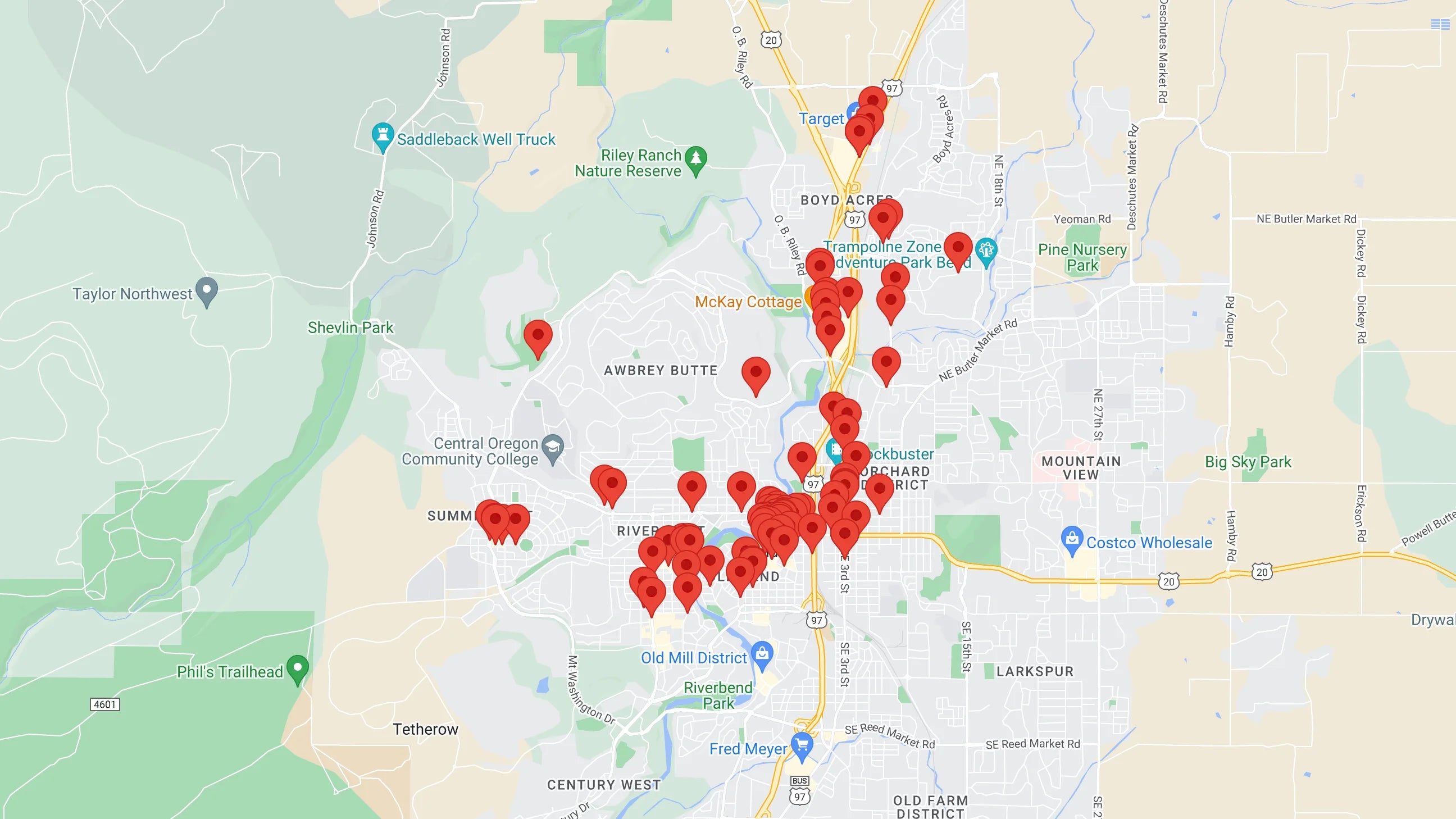 A screenshot of Bend, Oregon in the Google Maps interface.
