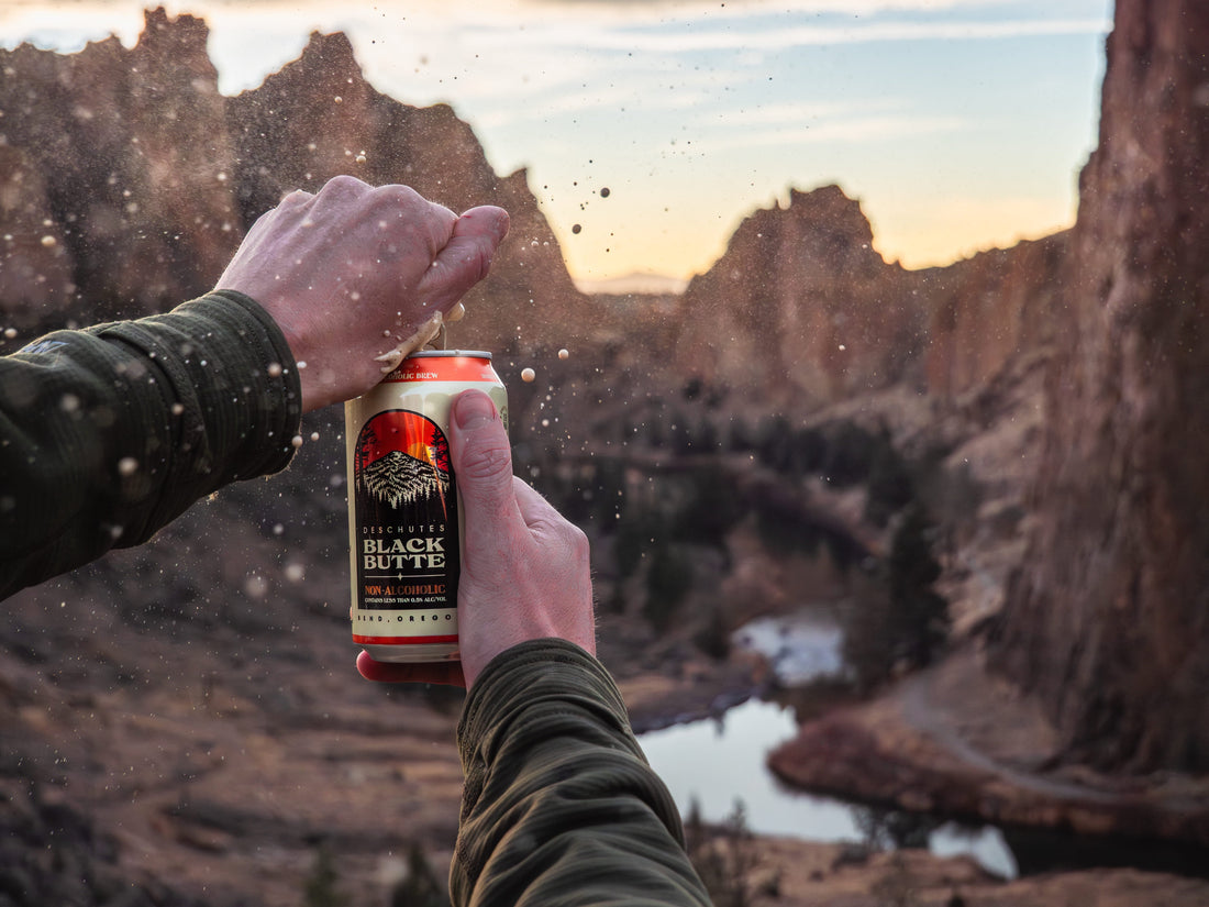 Sunset at Smith Rock opening a Black Butte Non-Alcoholic brew