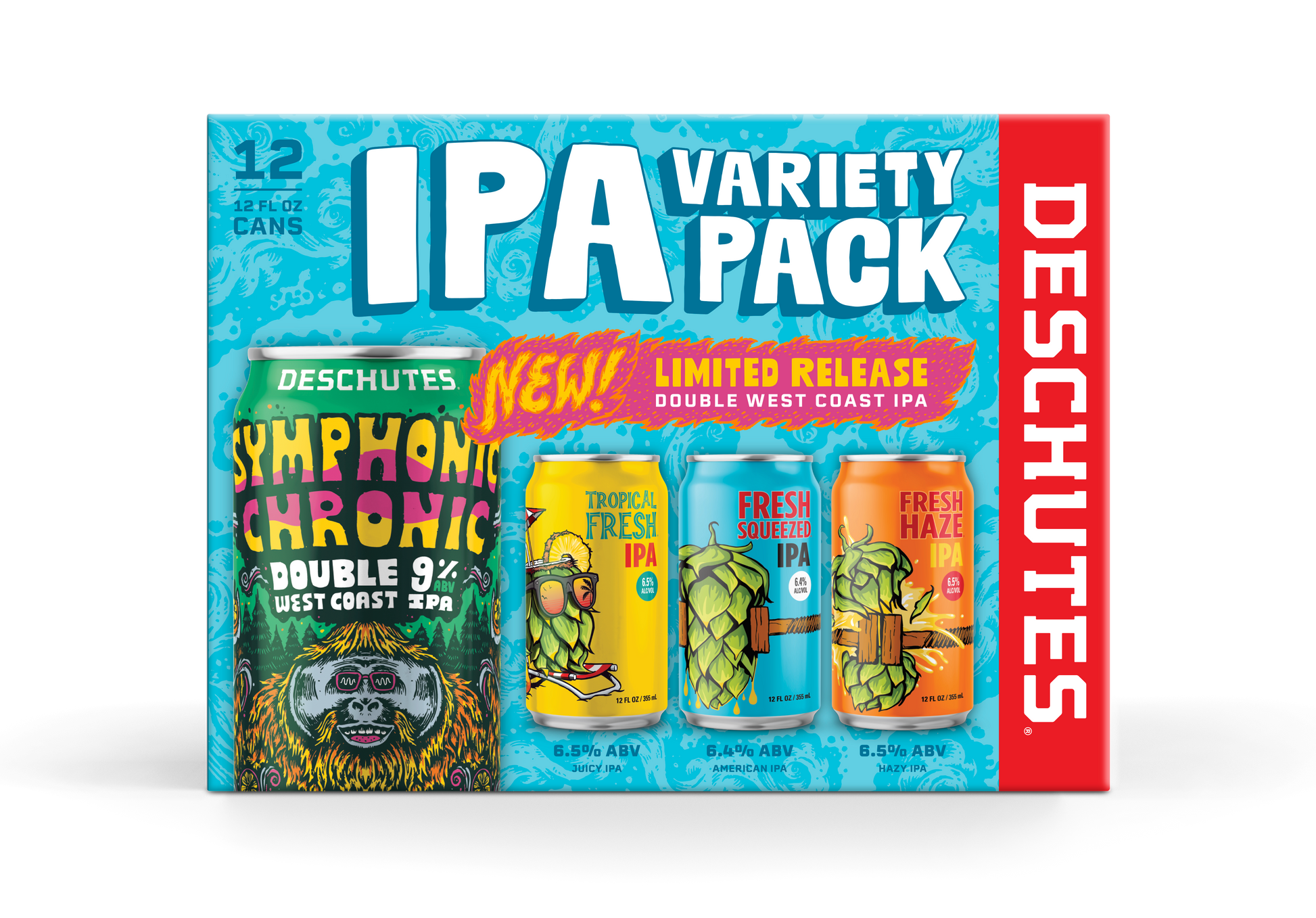 IPA variety pack label that shows the four products included with a "new limited release" next to the double west coast ipa