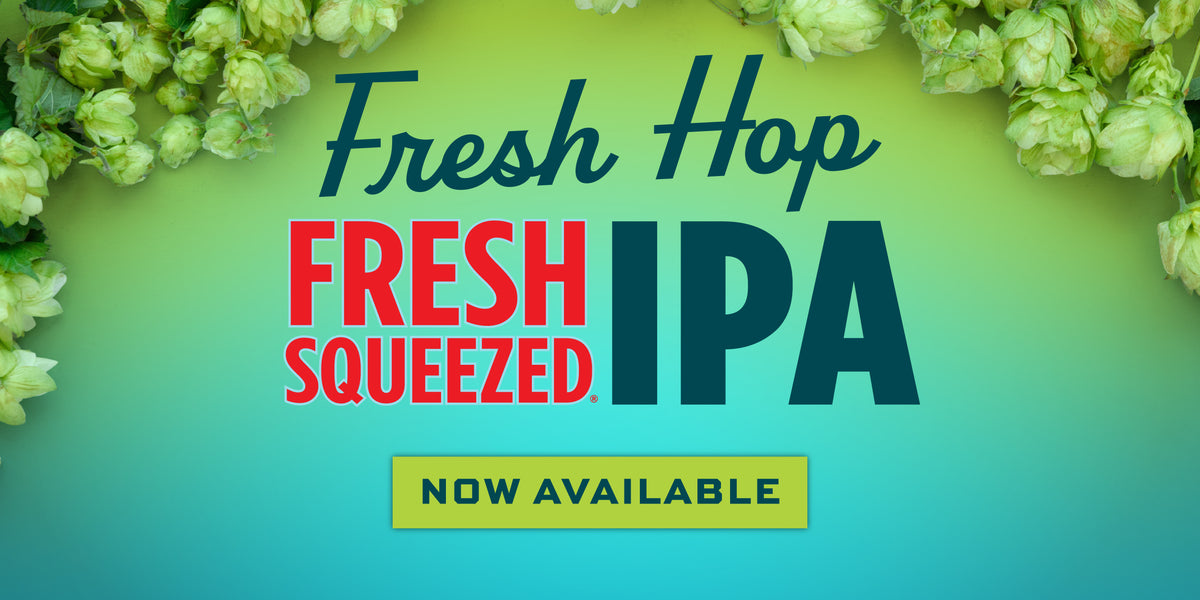 Promotional graphic for Fresh Hop Fresh Squeezed IPA, featuring large dark teal and red text on a green-to-blue gradient background, with hop flowers framing the top corners and a yellow 'NOW AVAILABLE' button at the bottom.