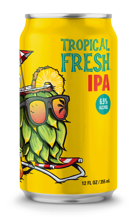 Can of Tropical Fresh IPA with a parrot illustration on a yellow background