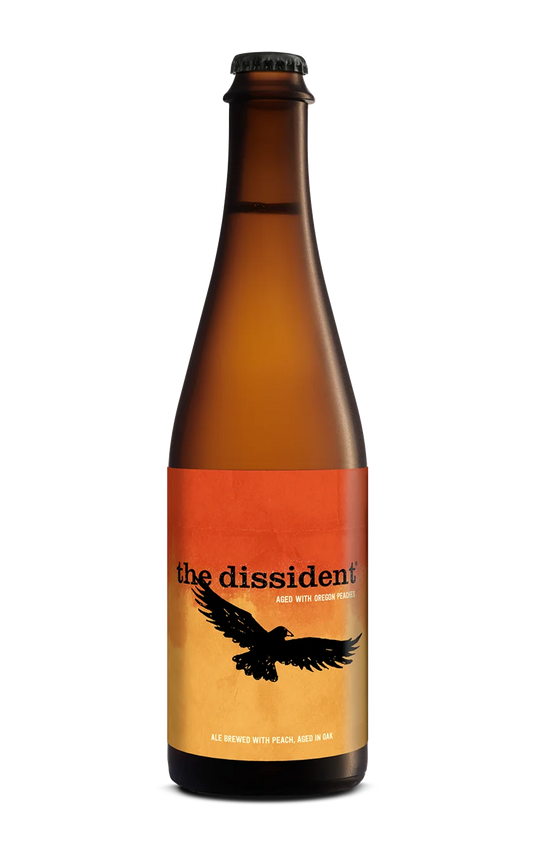 A photograph of the Dissident Peach beer bottle.