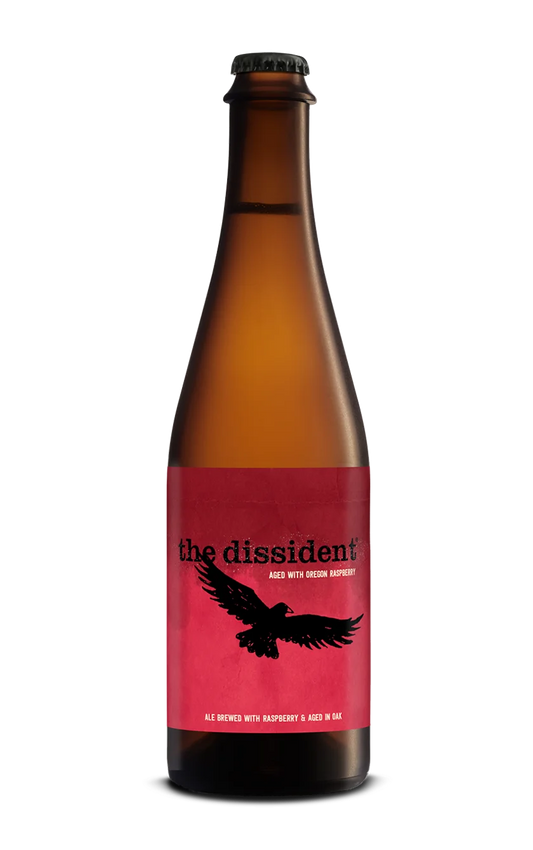 A photograph of the Dissident Raspberry beer bottle.