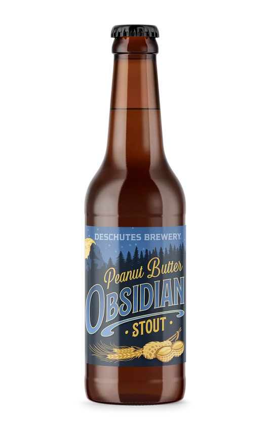 A photograph of the Peanut Butter Obsidian Stout beer bottle.