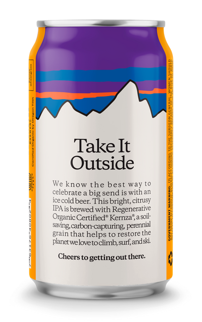A 16 oz aluminum craft beer can with a white label, featuring a purple mountain graphic and orange side bands. The label reads 'Take It Outside' with descriptive text below.