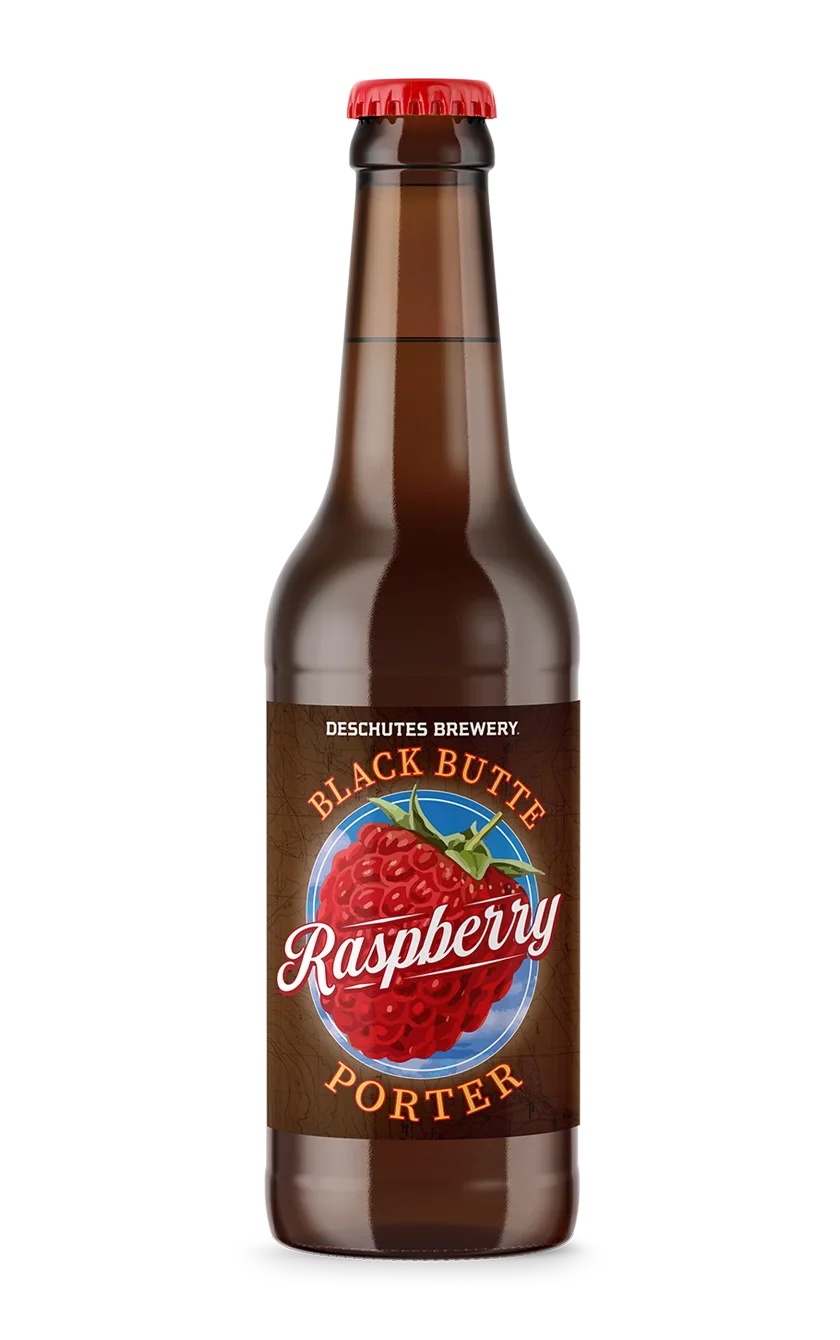 A photograph of the Black Butte Raspberry Porter beer bottle.