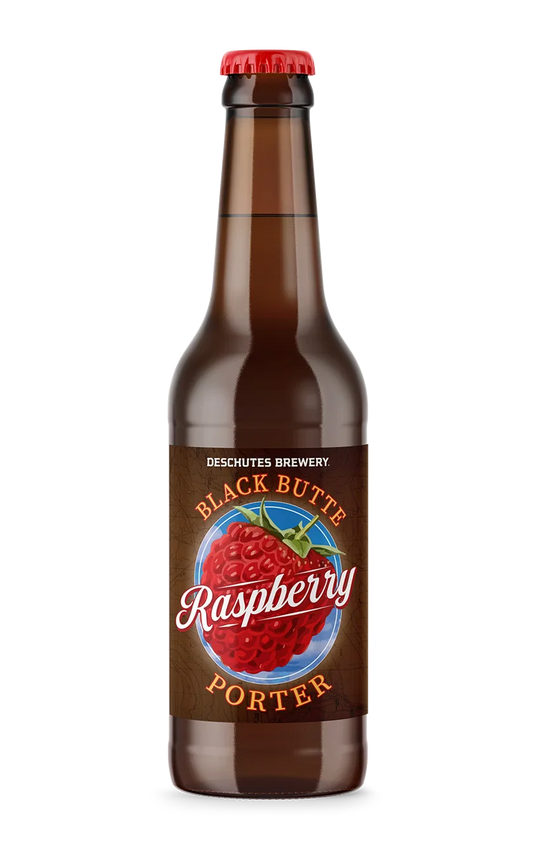A photograph of the Black Butte Raspberry Porter beer bottle.