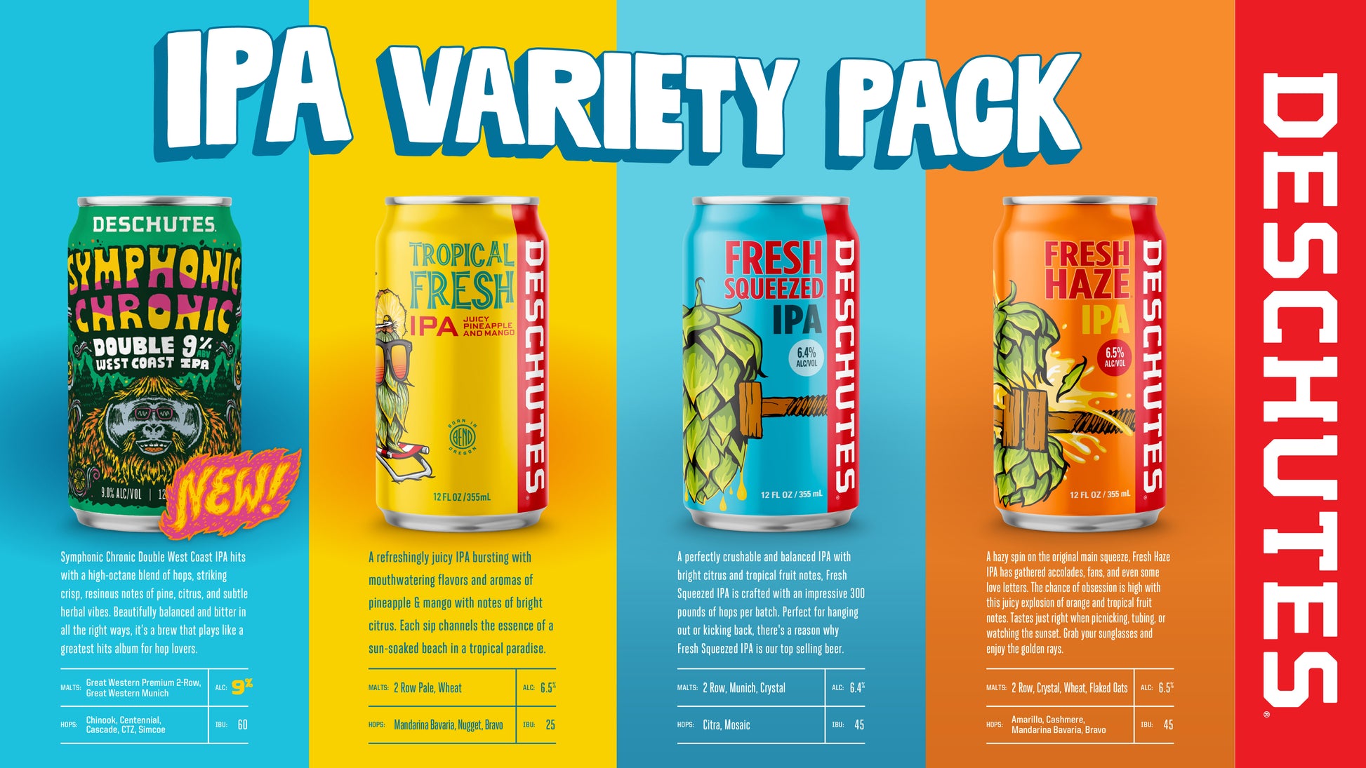 Deschutes Brewery IPA Variety Pack cans and their descriptions on a colorful background