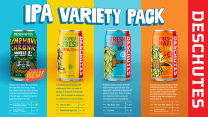 Deschutes Brewery IPA Variety Pack cans and their descriptions on a colorful background