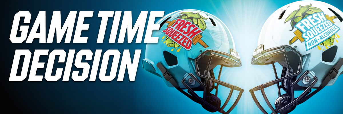 Promotional graphic with the text 'GAME TIME DECISION' in large white letters over a blue gradient background, flanking two football helmets. The left helmet is light blue with a red and yellow 'Freshie' logo, and the right helmet is white with a green and yellow 'Freshie' logo.
