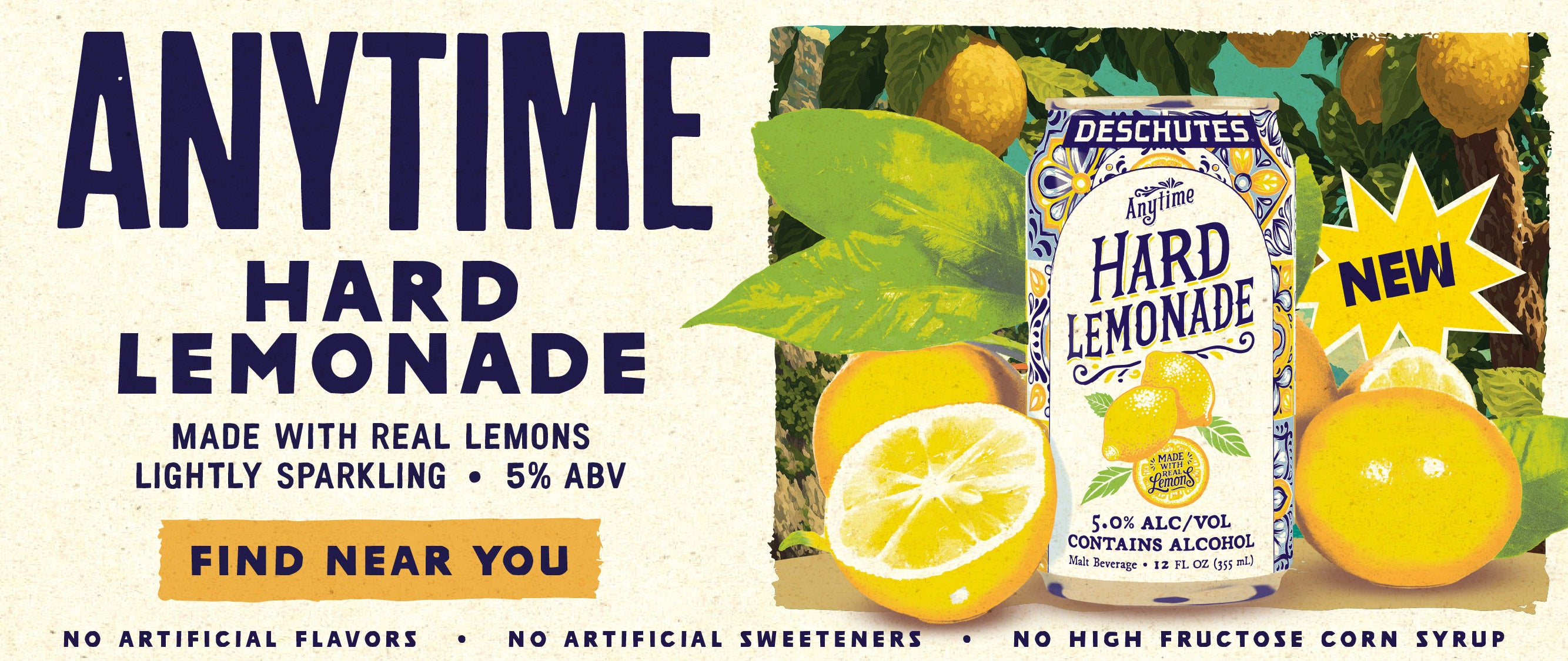 Advertisement for Deschutes Hard Lemonade with lemons and text on a white background