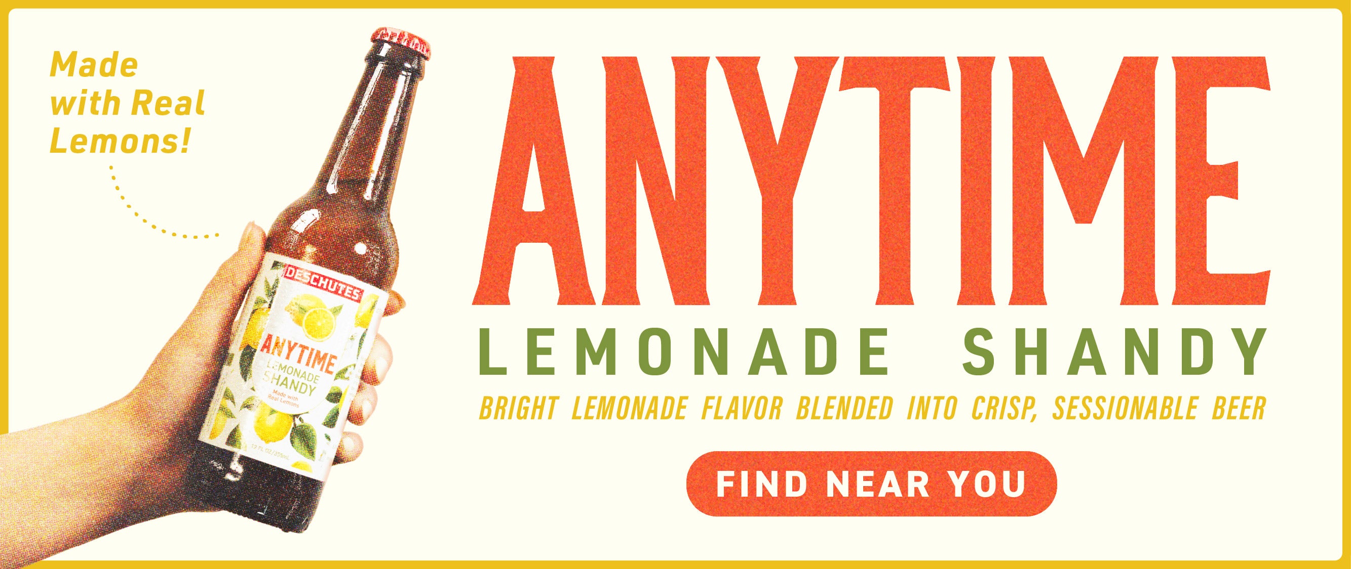 Hand holding a bottle of Anytime lemonade shandy with a "find near you" Call to action