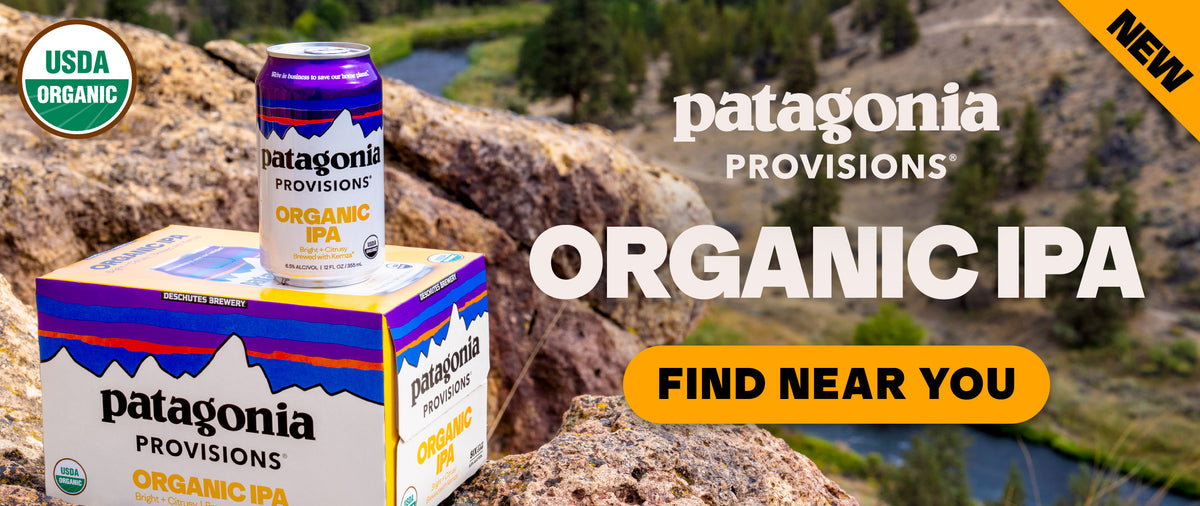 Image of a can and 6 pack of Patagonia Provisions Organic IPA on a rock overlooking a creek with a button that says, "Find near you"
